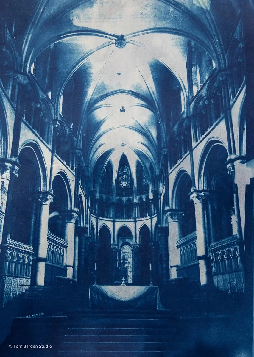 Cyanotype of Canterbury Cathedral. Exposed in the sunshine from acetate print.