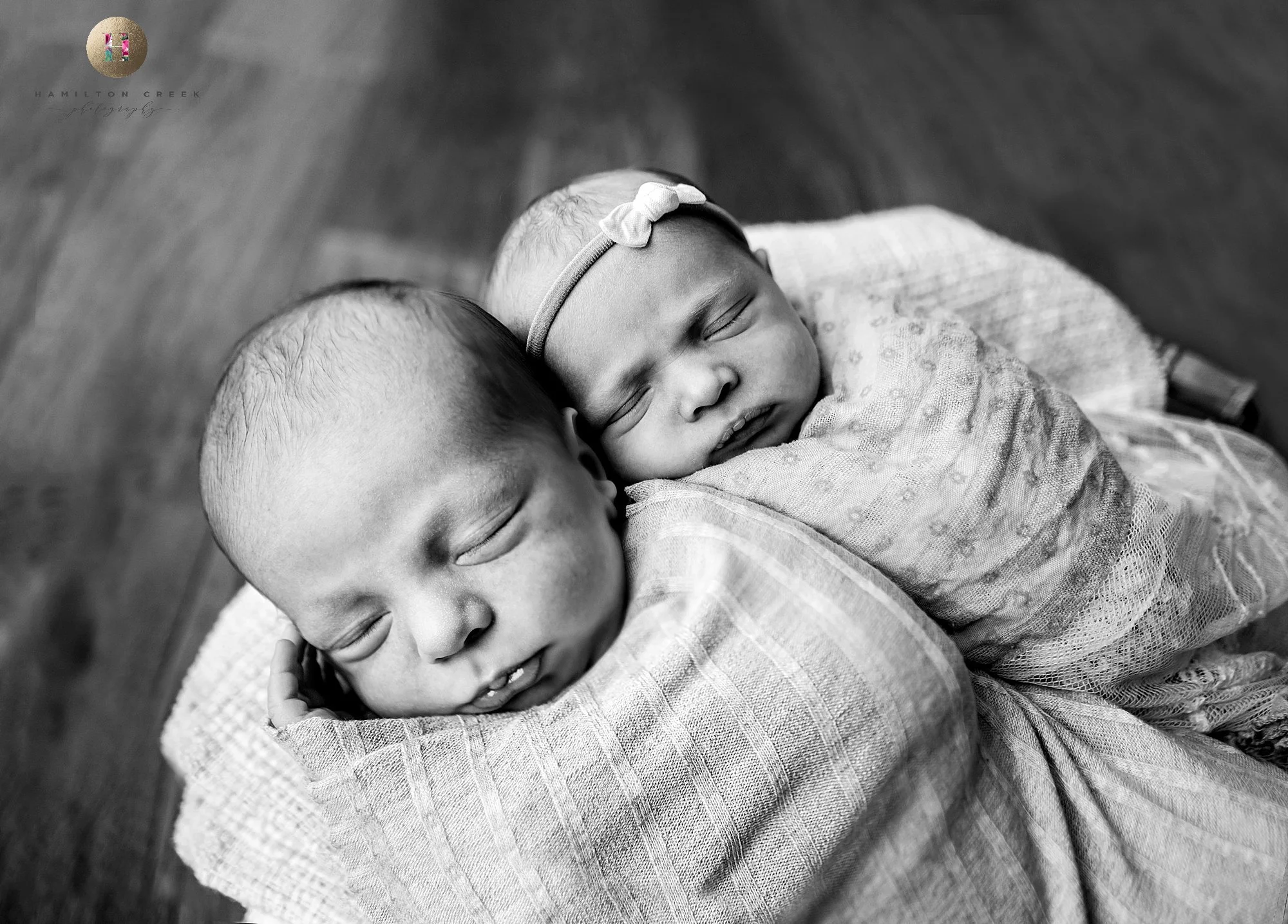newborn twins in basket, newborn photographer tampa, black and white newborn pictures