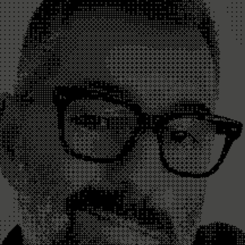 A pixel art style portrait of a person with glasses holding a phone to their ear, with a mustache and slicked-back hair.