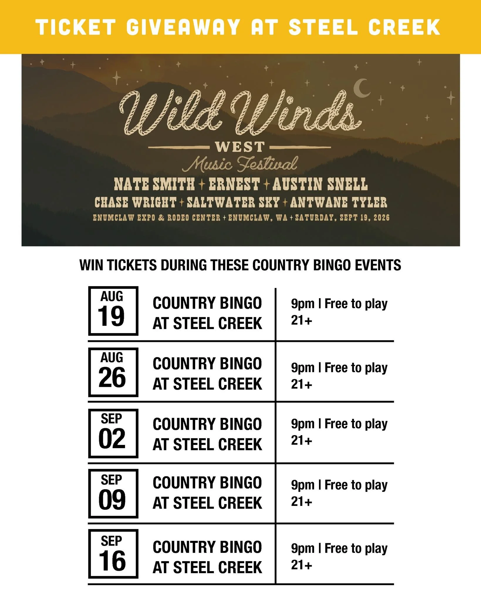 🎟️ WIN YOUR WAY INTO WILD WINDS WEST! 🎟️

We&rsquo;re giving away tickets to Wild Winds West during COUNTRY BINGO every Wednesday through September 16 &mdash; with TWO CHANCES TO WIN EVERY NIGHT!

Country Bingo is our country music twist on classic