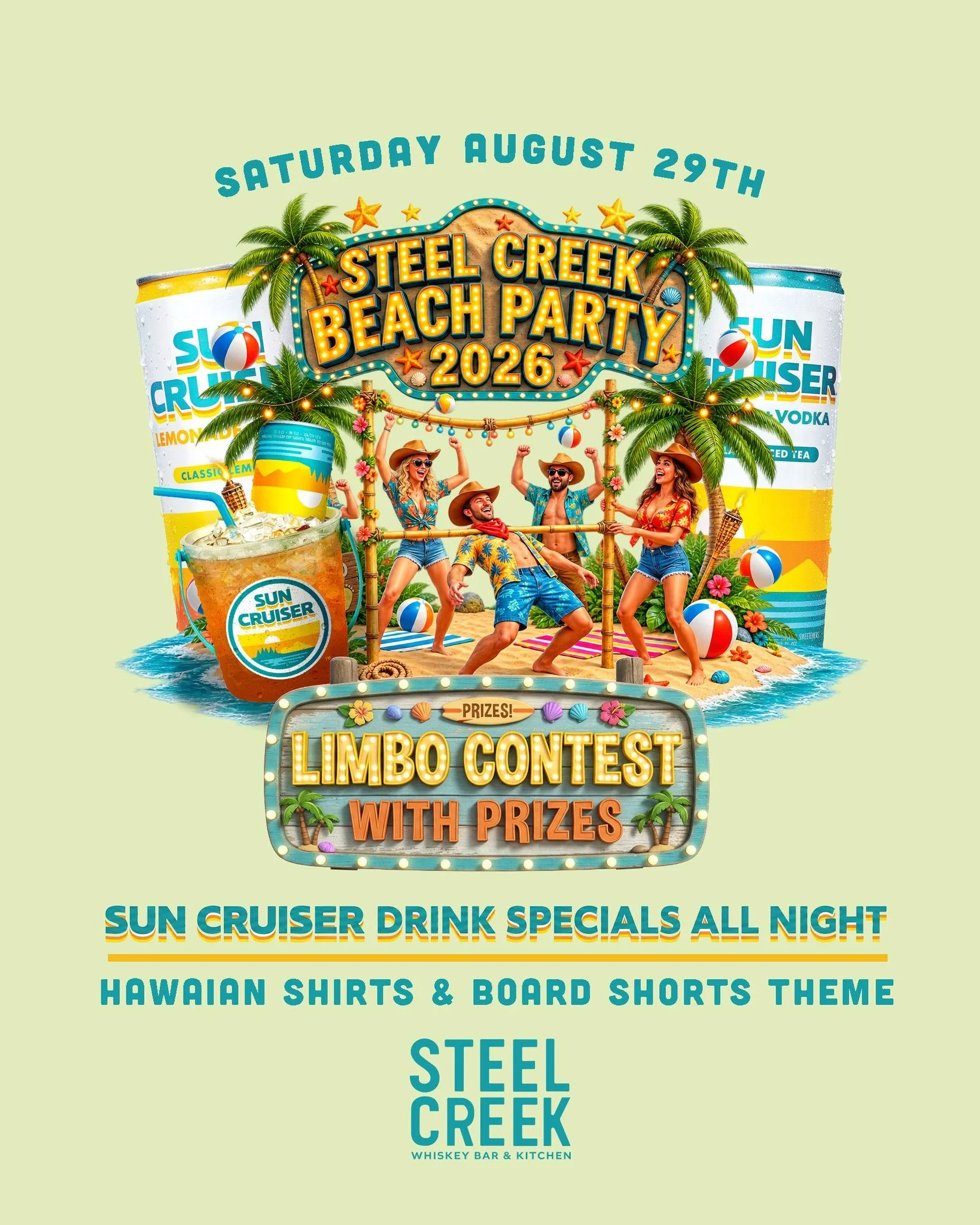 ☀️ BEACH PARTY THIS SATURDAY! 🌴

We&rsquo;re bringing summer to Steel Creek with $15 Sun Cruiser Drink Bucket Cocktails, $7 Sun Cruisers from 9PM&ndash;MIDNIGHT and your chance to take home the ultimate summer prize!

Think you can go low? 👀

Hit t