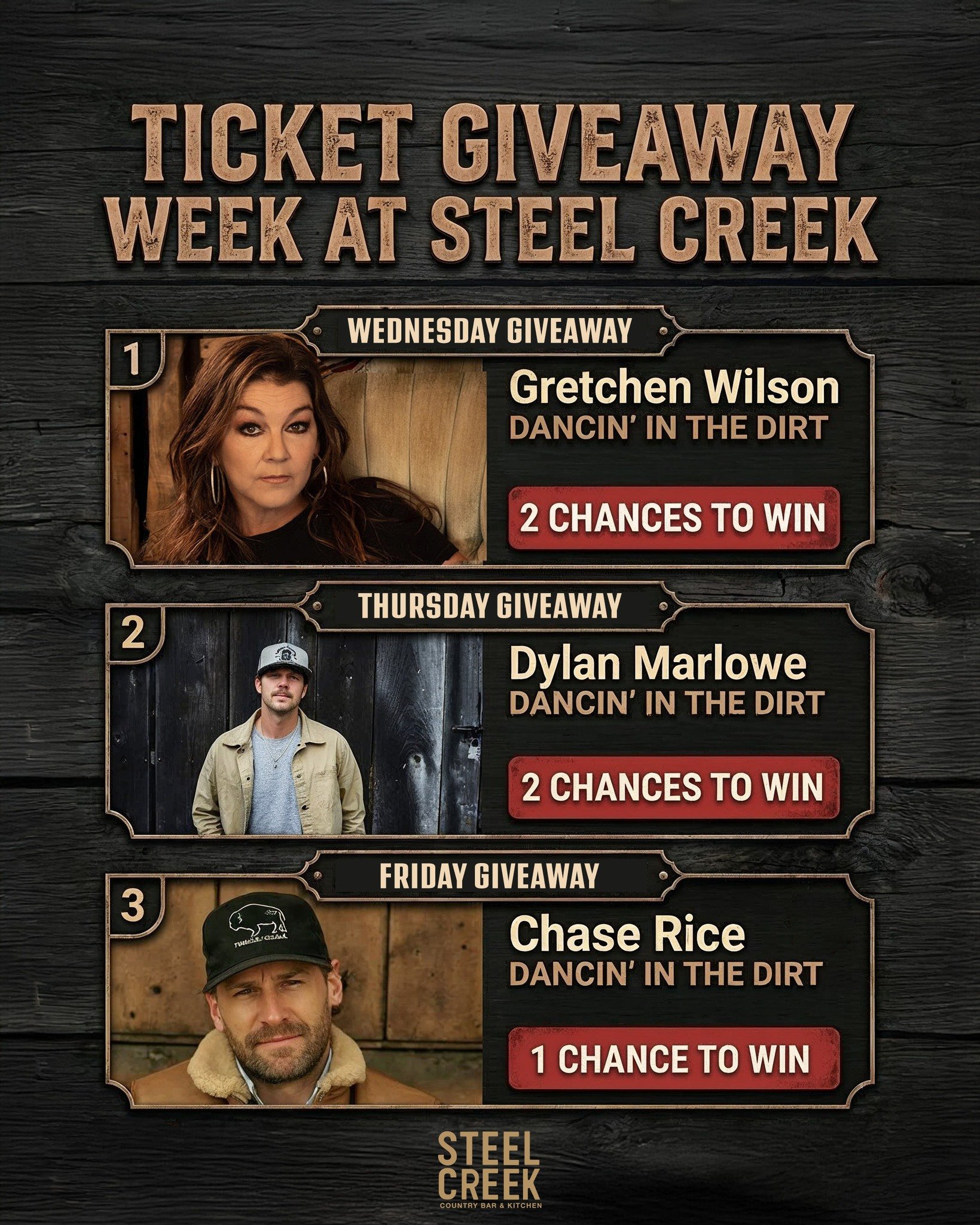 🎟️ We&rsquo;re giving away Dancin&rsquo; in the Dirt concert tickets ALL WEEK LONG at Steel Creek! 🎟️

We&rsquo;ve teamed up with the Washington State Fair to send FIVE lucky winners to some of the biggest shows at this year&rsquo;s Dancin&rsquo; i