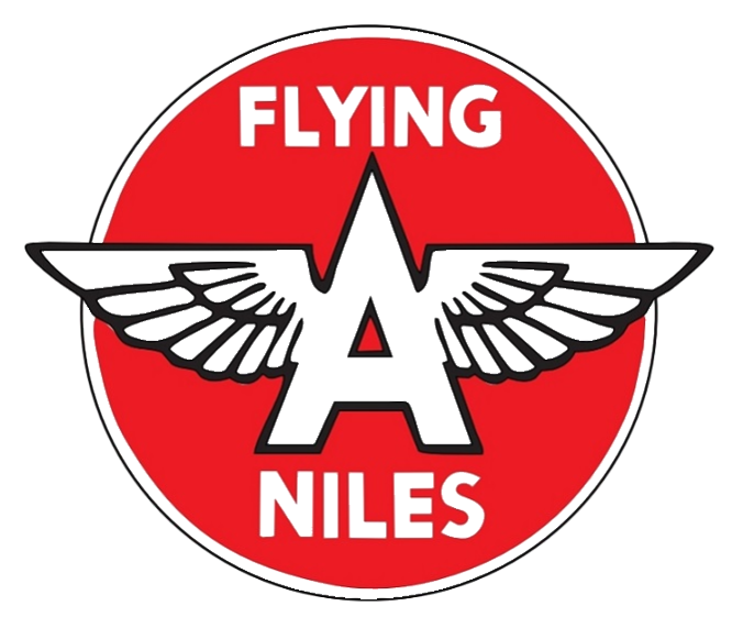 Flying Niles logo featuring a large letter A with wings on a red circle background, with the words 'Flying Niles' at the top and bottom.