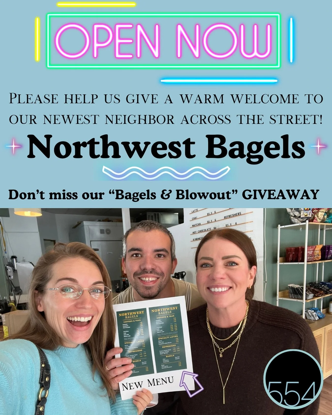 &ldquo;Bagels and Blowouts&rdquo; GIVEAWAY! Pick up a ticket 🎫 from @northwestbagels front counter during their soft open &amp; drop it in the 🫙 @salon554, Fri-Sat, for a chance to win a 6-pack of Bagels or a Free Blowout (+$50 value)!! 

Comment ?