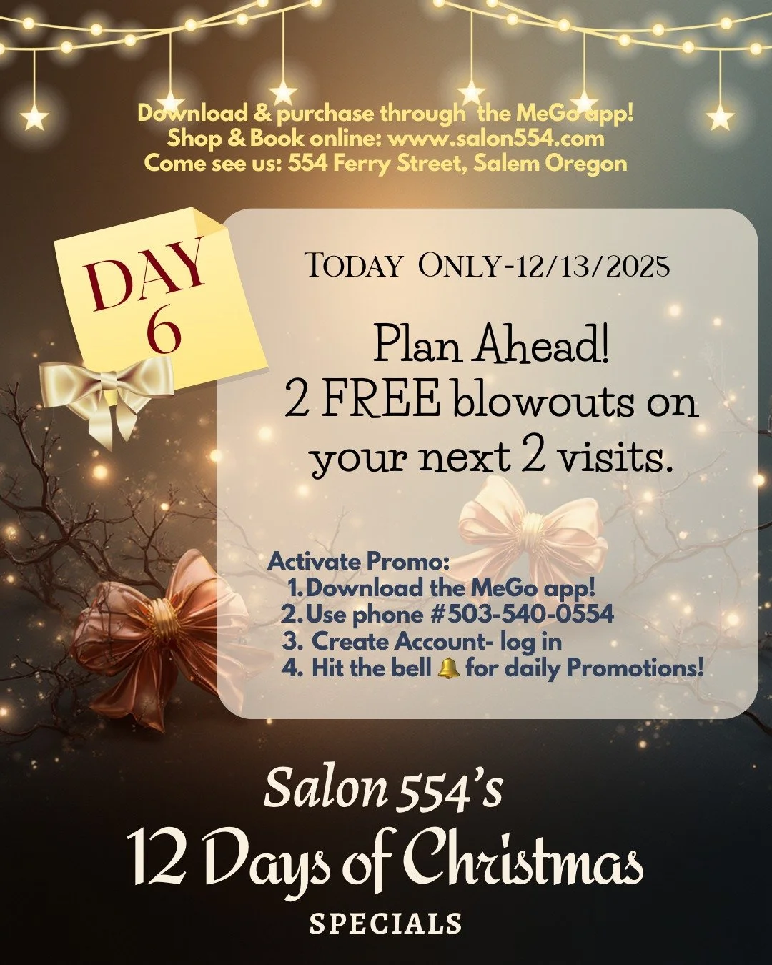 ✨ DAY 6 is here!
Today&rsquo;s special = for those who love to plan ahead, VIP treatment &amp; save cash, this blowout lovers&rsquo; DREAM special is happening TODAY ONLY!! 😍🎄

See the full offer inside the app:
➡️ Download the MeGo app and stay tu