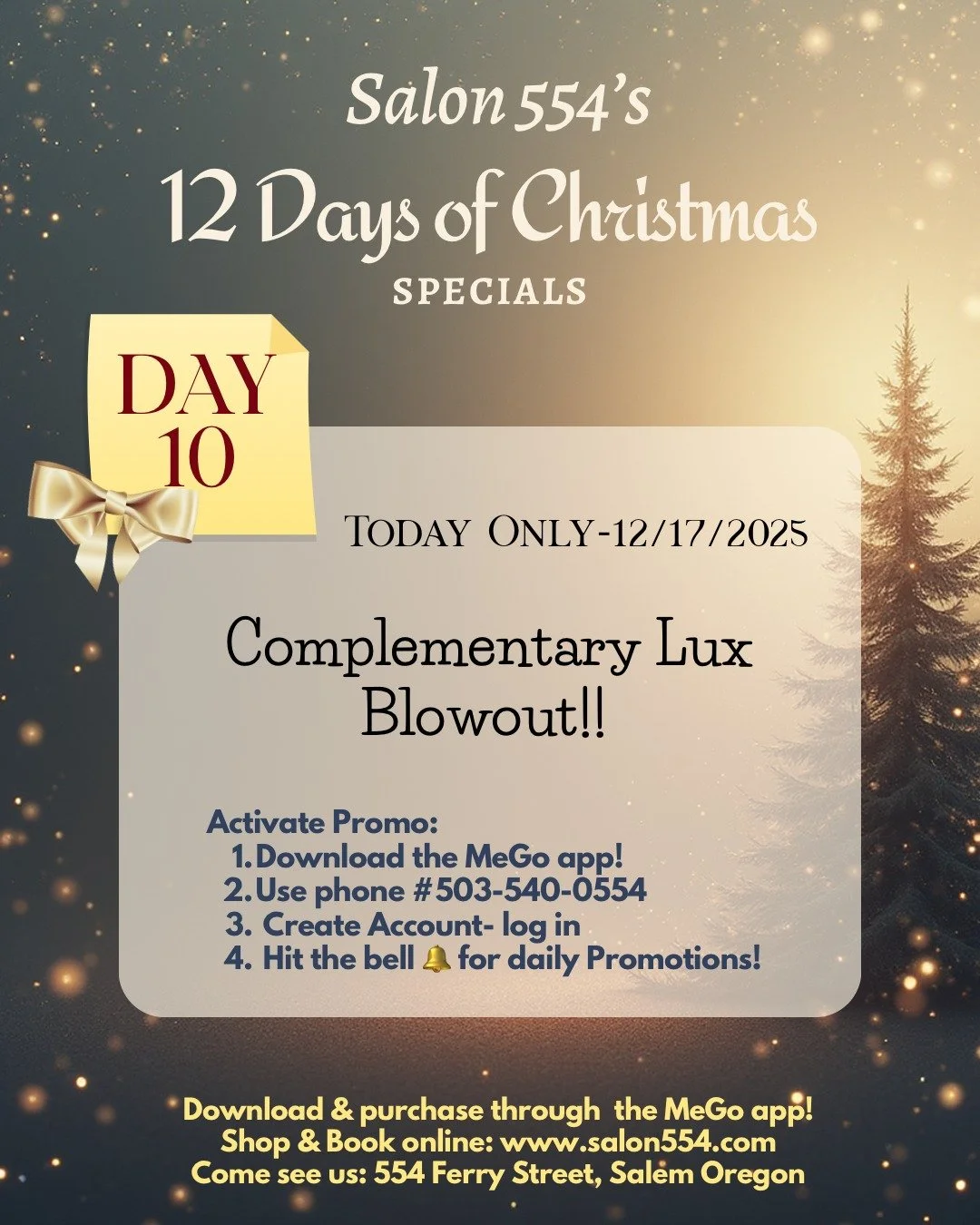 ✨ DAY 10: A Lux treat 👀✨
Today&rsquo;s special is a fan favorite but the details are in app-only! If you have an appointment scheduled or need to get one on our books, don't miss this deal!! 
➡️ Download the MeGo app and tap the bell 🔔

#Salon554 #
