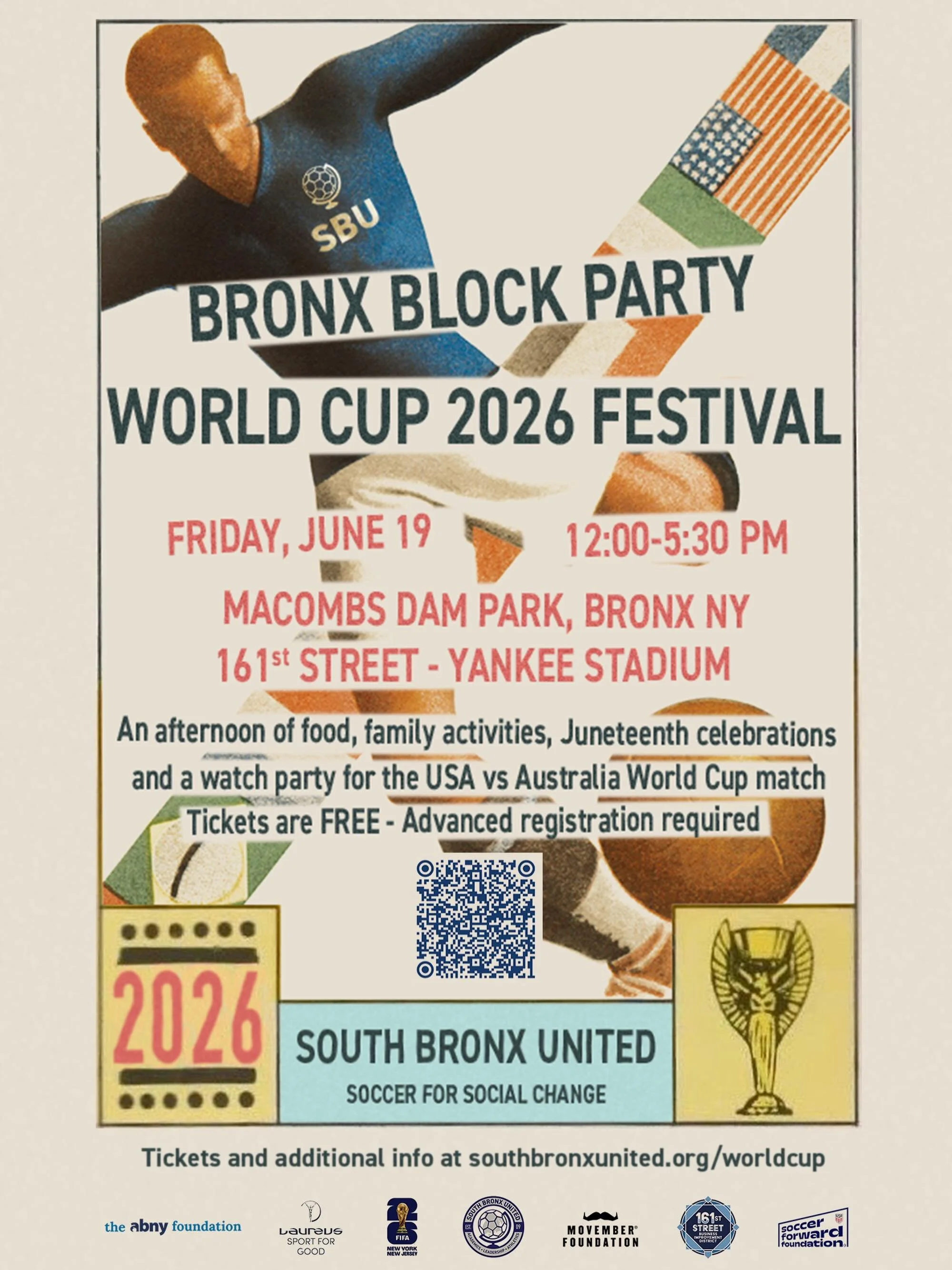 Join us for the Bronx Block Party World Cup 2026 Festival! ⚽

What to expect? Food, family activities, Juneteenth celebrations, a watch party for the USA vs Australia World Cup match, and a lot of fun! 🥳

🗓️ Friday, June 19, 2026
📍 Macomb&rsquo;s 