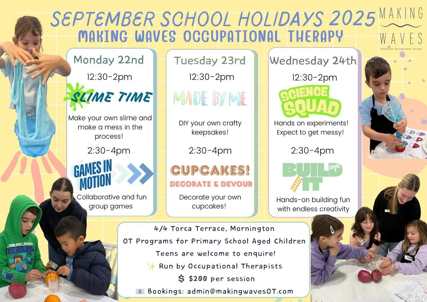 Our School Holiday Program Bookings are open! 

Our interest-based holiday programs are back! Each session aims to spark curiosity, build confidence, and support skills in a small group setting with like-minded peers, in ways that work for them

To b