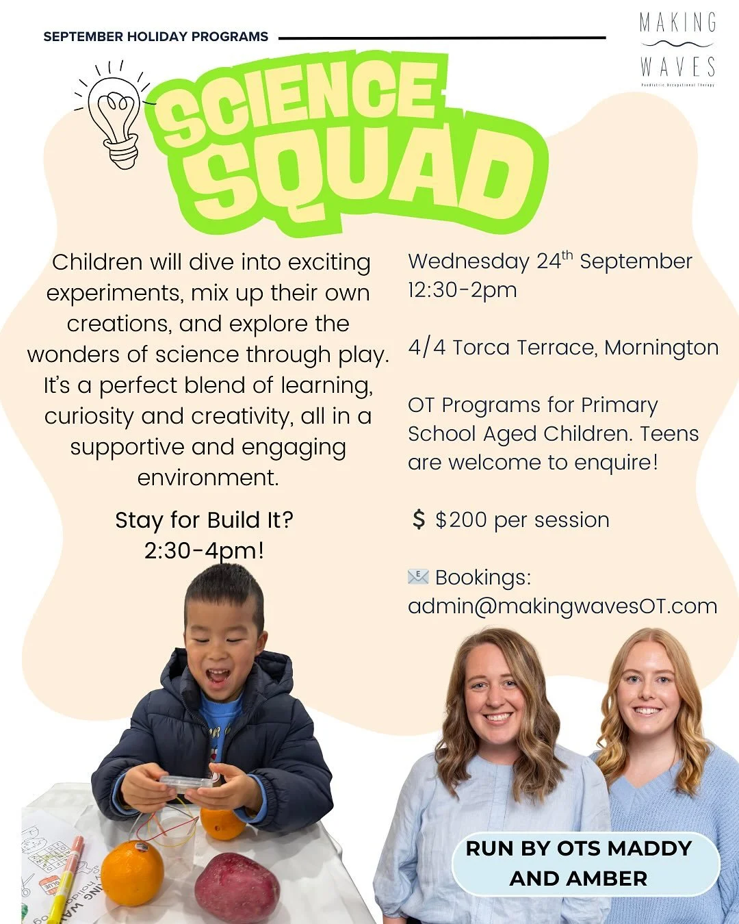 Our School Holiday Program Bookings are open! 

What&rsquo;s happening on Wednesday 24th September? 

SCIENCE &amp; BUILD IT! 

Our interest-based holiday programs are back! Each session aims to spark curiosity, build confidence, and support skills i