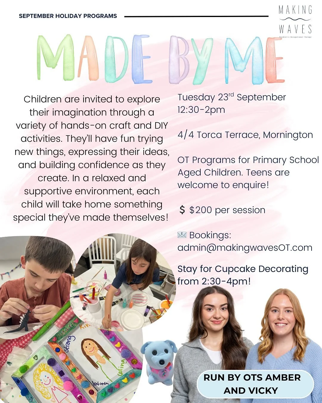 Our School Holiday Program Bookings are open! 

What&rsquo;s happening on Tuesday 23rd September? 

MADE BY ME &amp; CUPCAKES! 

Our interest-based holiday programs are back! Each session aims to spark curiosity, build confidence, and support skills 