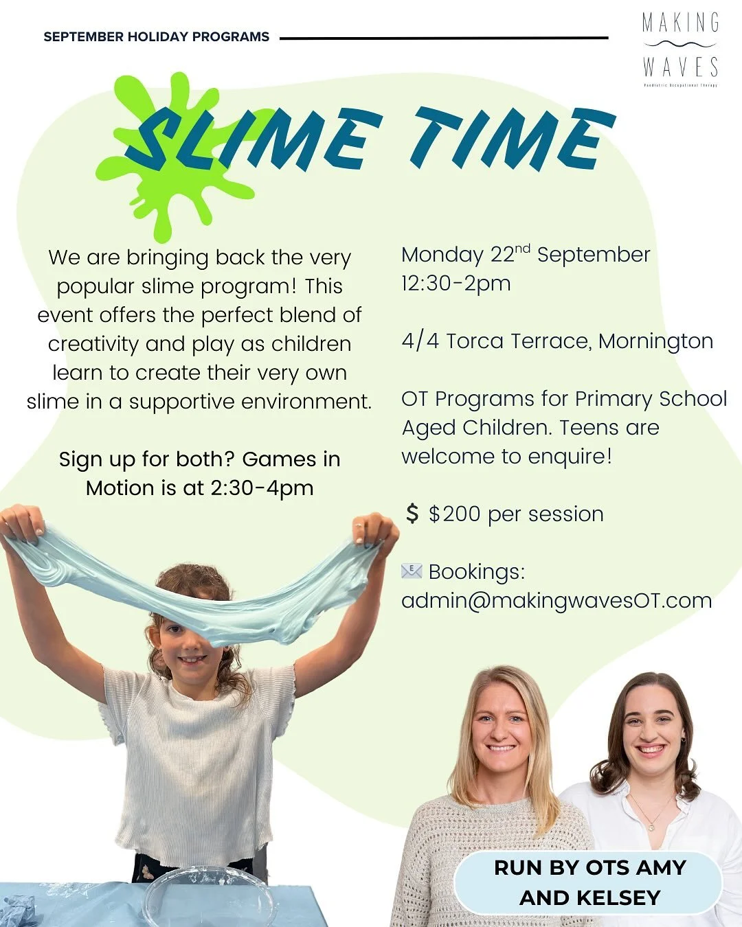 Our School Holiday Program Bookings are open! 

What&rsquo;s happening on Monday 22nd September? 

SLIME &amp; GAMES IN MOTION! 

Our interest-based holiday programs are back! Each session aims to spark curiosity, build confidence, and support skills