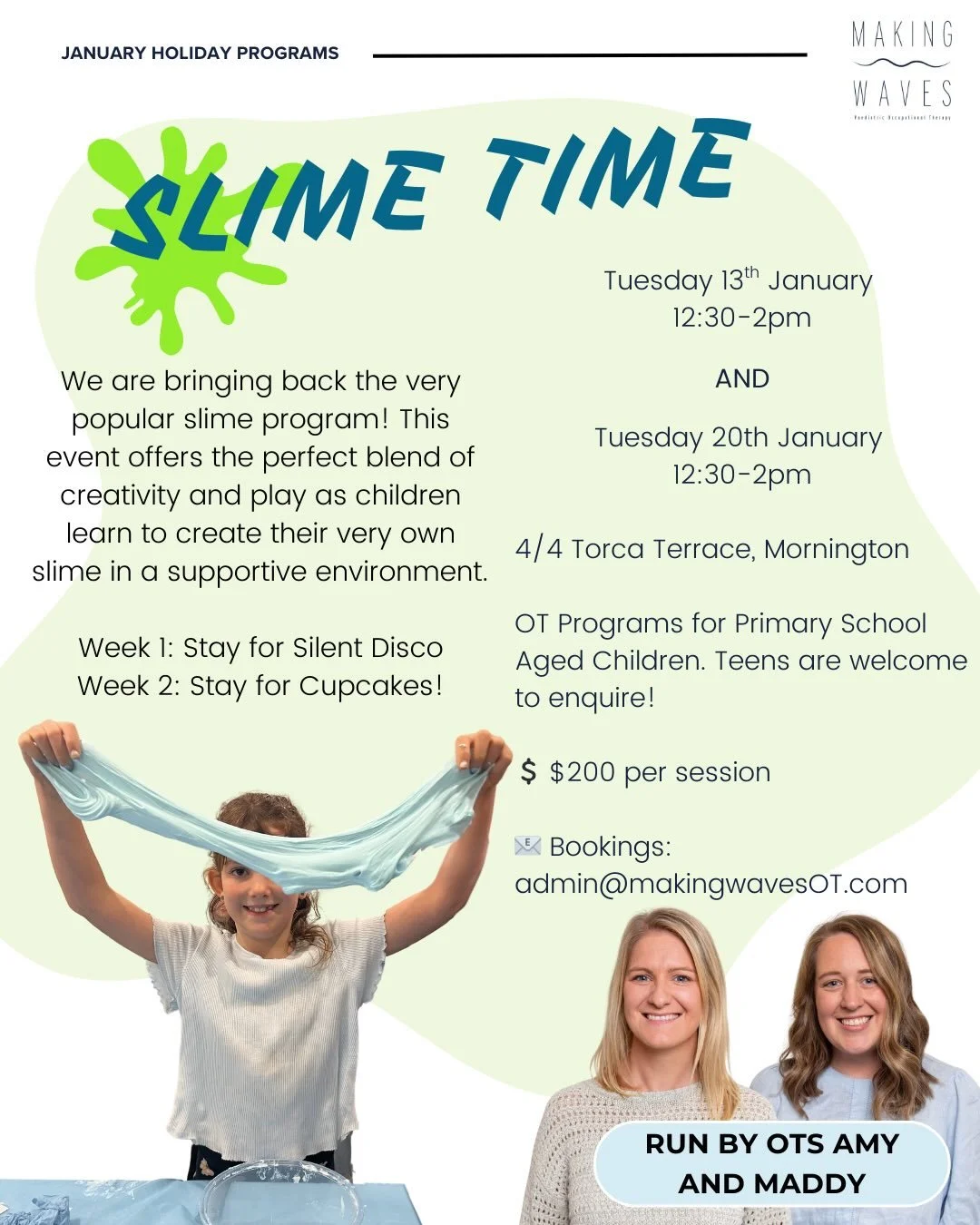 Our January Holiday Programs are now open for bookings! 

Each session is capped at 8 children, so get in quick to secure your spot.

To book, please contact admin@makingwavesot.com.
NDIS funding can be used if the programs align with your child&rsqu