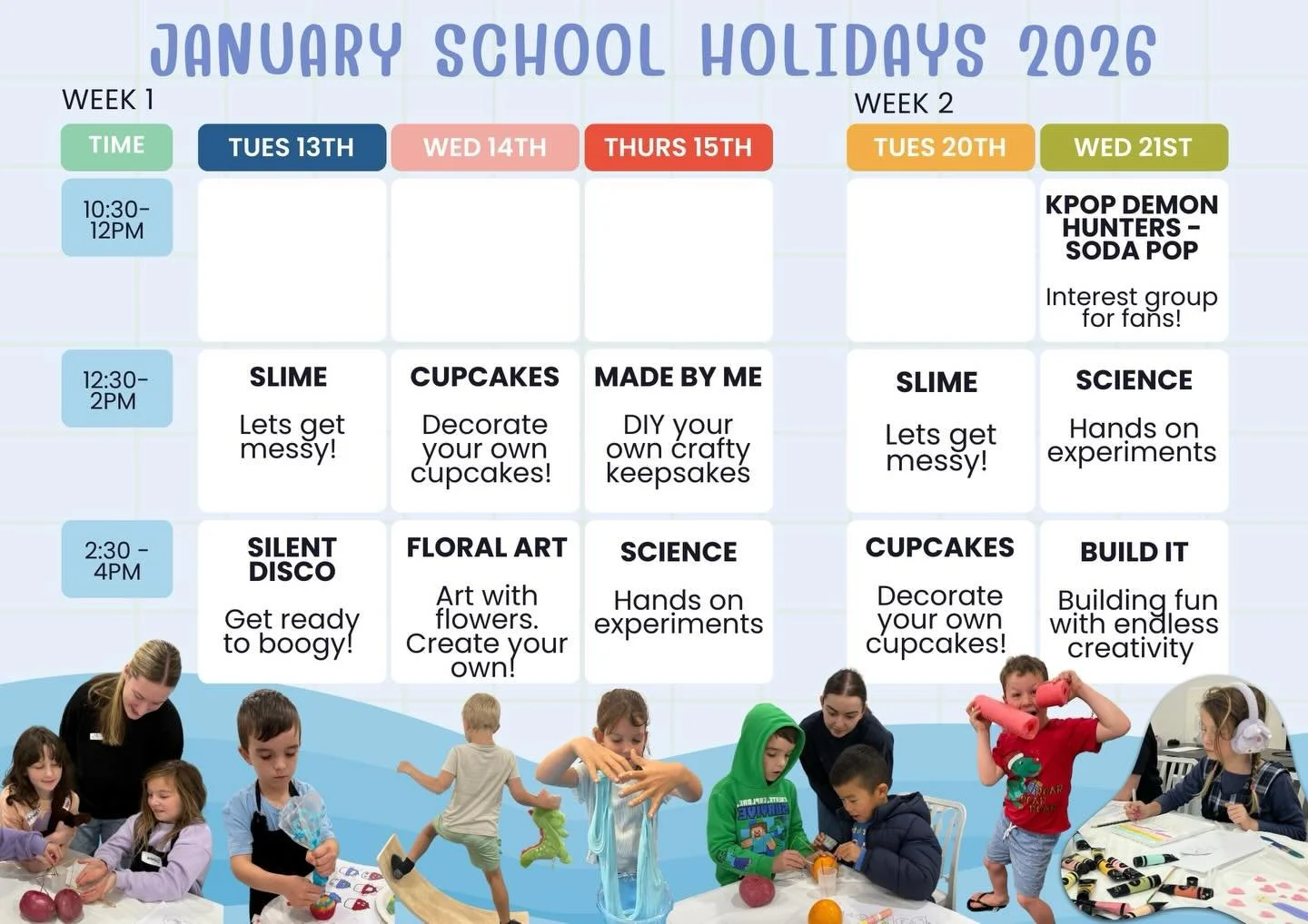 Looking for some fun actives for your kids these holidays? 

We have currently spaces available in all programs however they are filling quickly! 

Children can stay with us in the breaks. We ask they bring a snack/lunch and a drink bottle. We will h