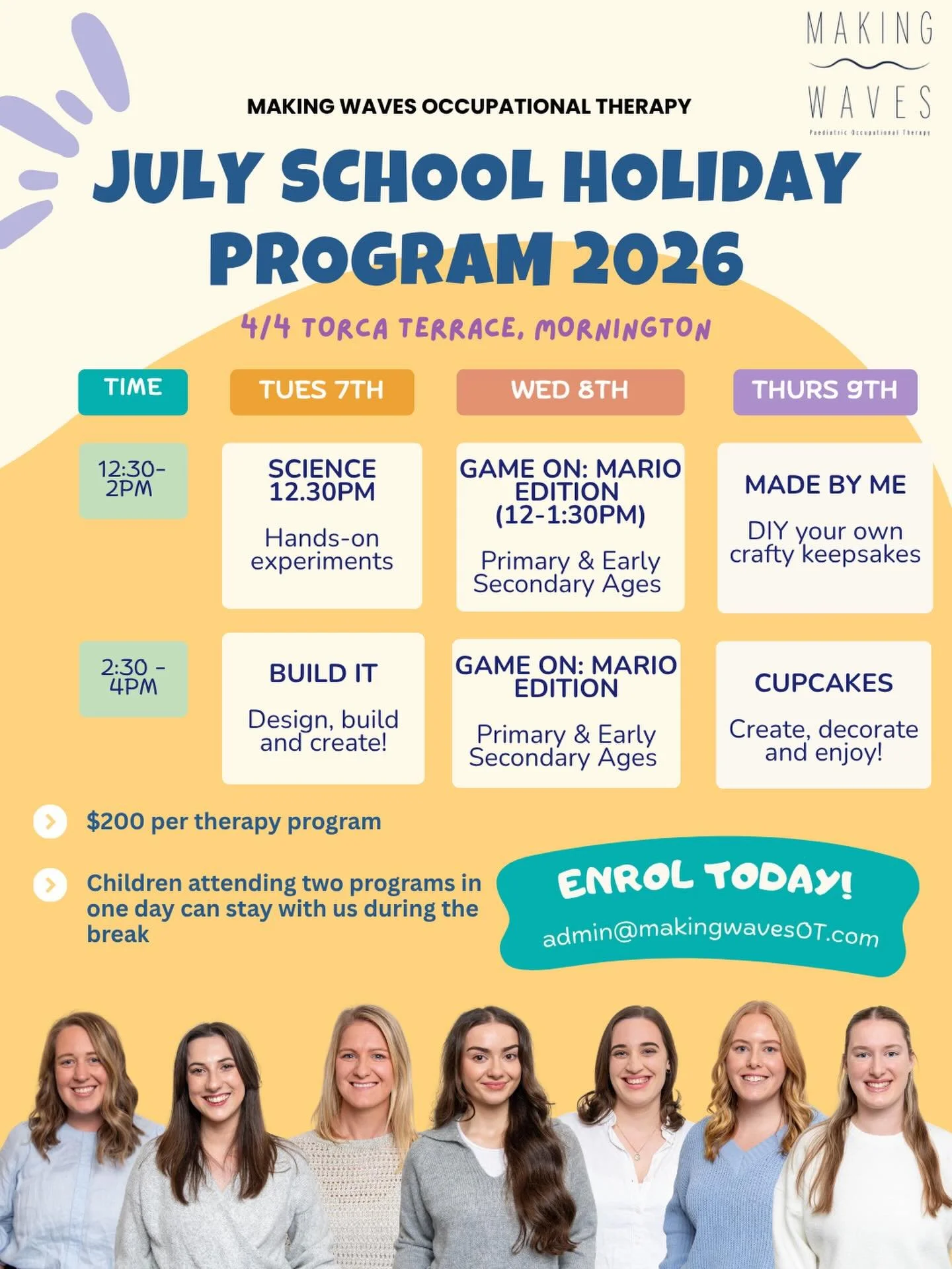 Holidays coming soon!
We only have 1 spot left in Science and Build It!
Game On: Mario, Made By Me and Cupcakes have 3 spots left. 

Enrol today before spots fill!