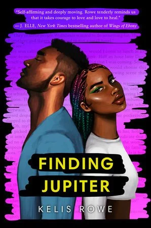 The book cover for 'Finding Jupiter' by Keli Rowe features a man and a woman standing back to back against a purple background with text. The man is on the left, wearing a blue shirt, with short build and a fade haircut. The woman is on the right, with dark skin, long braids, and colorful makeup, looking confidently at the camera. The title 'Finding Jupiter' appears in bold yellow and black text, with the author's name, Keli Rowe, below in smaller text.