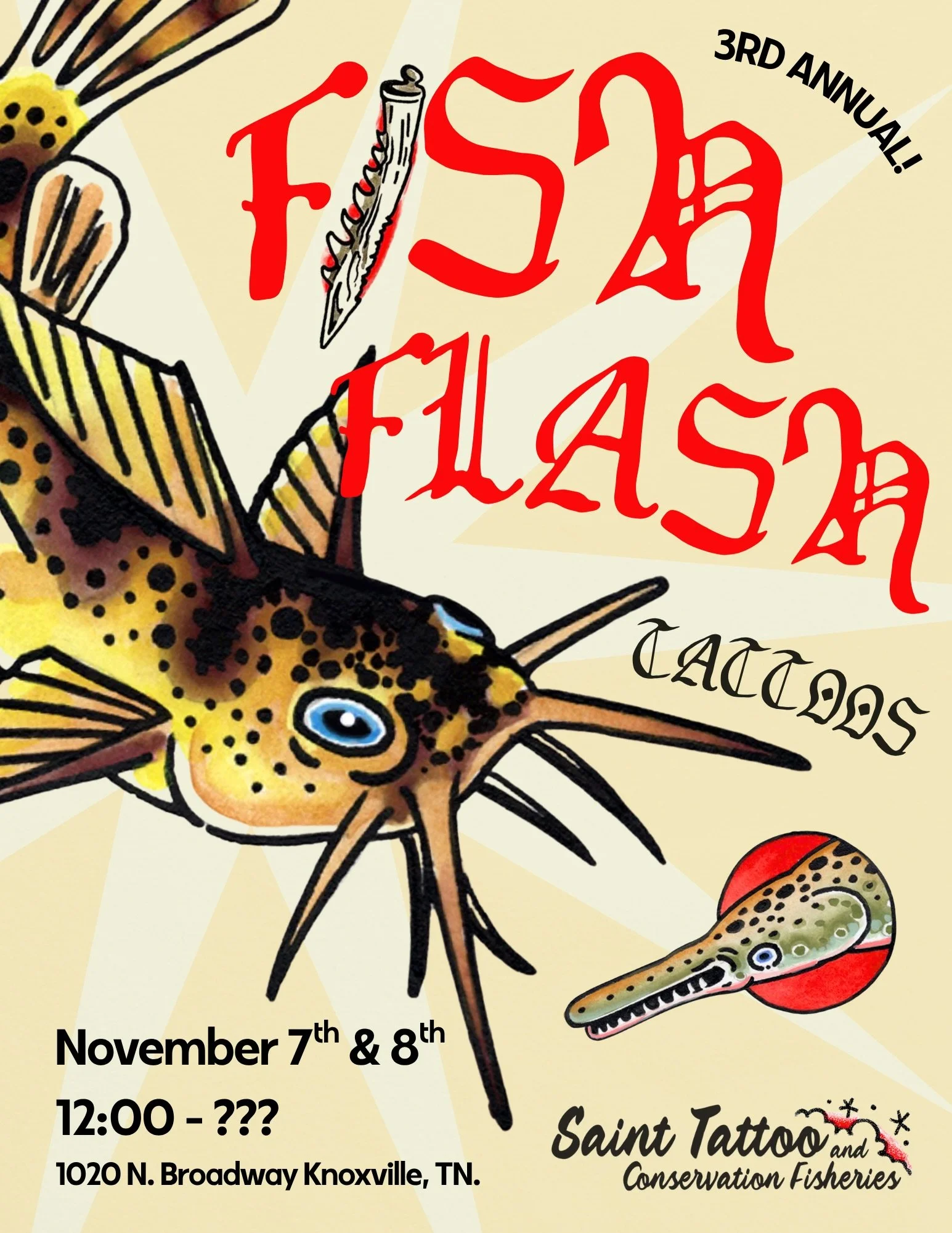 Mark your calendars for our yearly fish flash tattoo weekend! Designs will be posted the day before/the day of the event to follow tattoo flash traditions. Bring a friend! Eat a breakfast! Get some sick tattoos that benefit the fish! Say thank you to