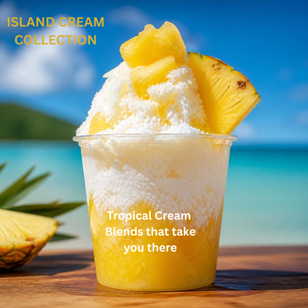 A tropical pineapple-flavored ice treat topped with pineapple chunks against a beach background.