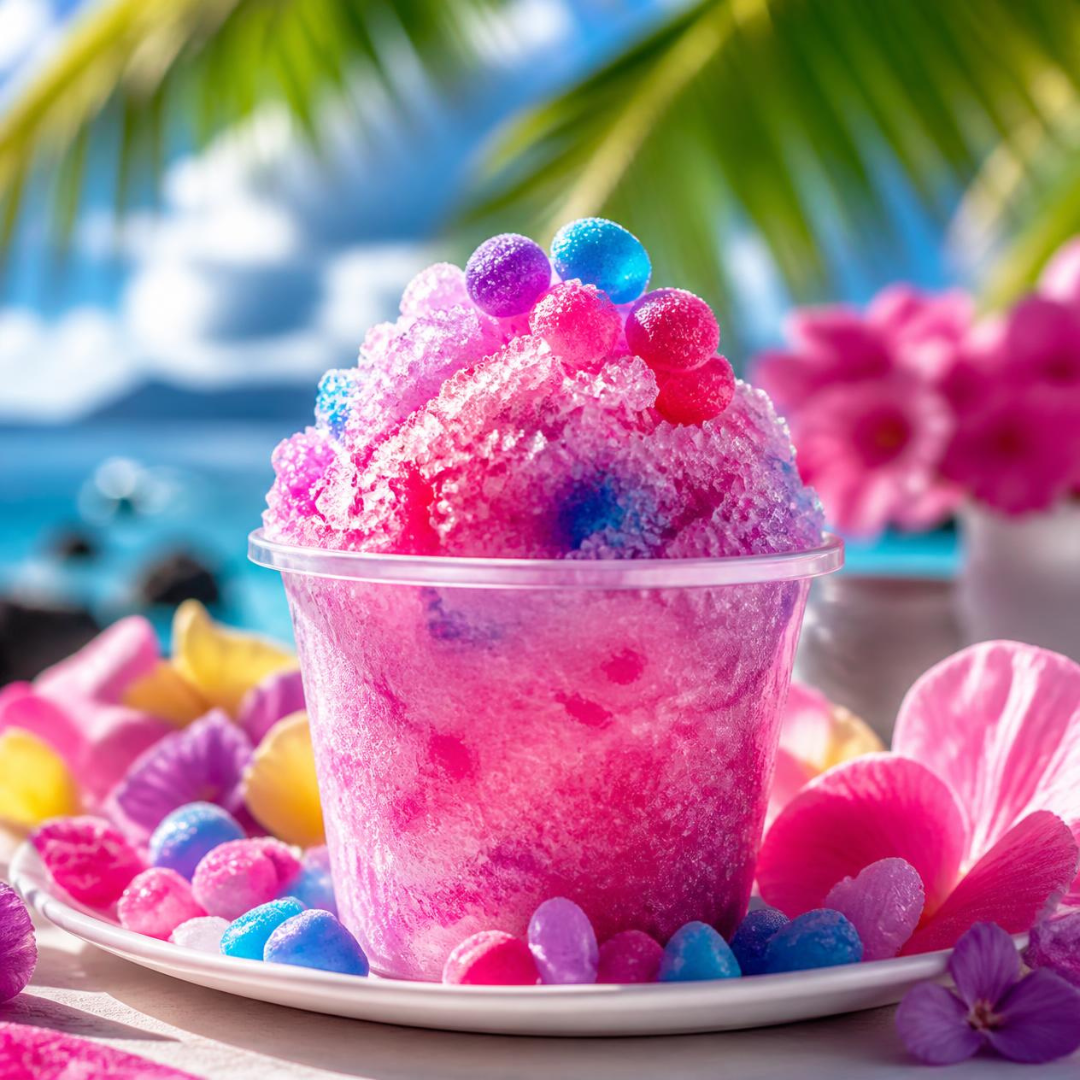 Colorful snow cone with pink syrup, topped with blue, purple, and pink candies, on a white plate with pink and purple flowers, set against a tropical background with palm leaves and a blue sky.