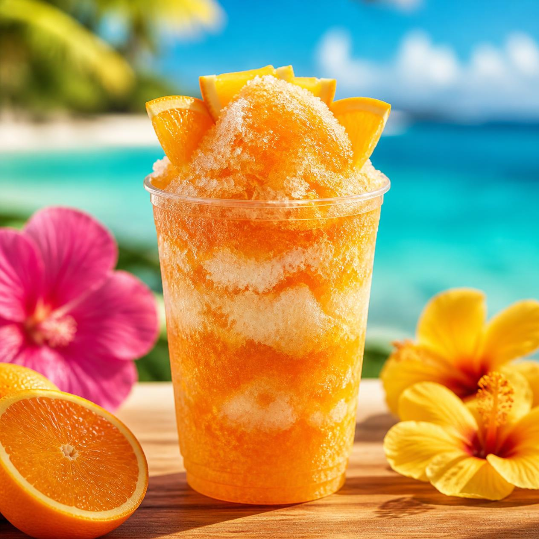 A cup of mango shaved ice topped with mango slices, surrounded by a halved orange and pink and yellow hibiscus flowers on a wooden surface, with a tropical beach in the background.