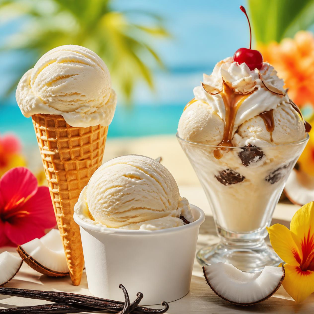 Three bowls of vanilla ice cream with toppings, set outdoors with flowers and a blurred beach background.