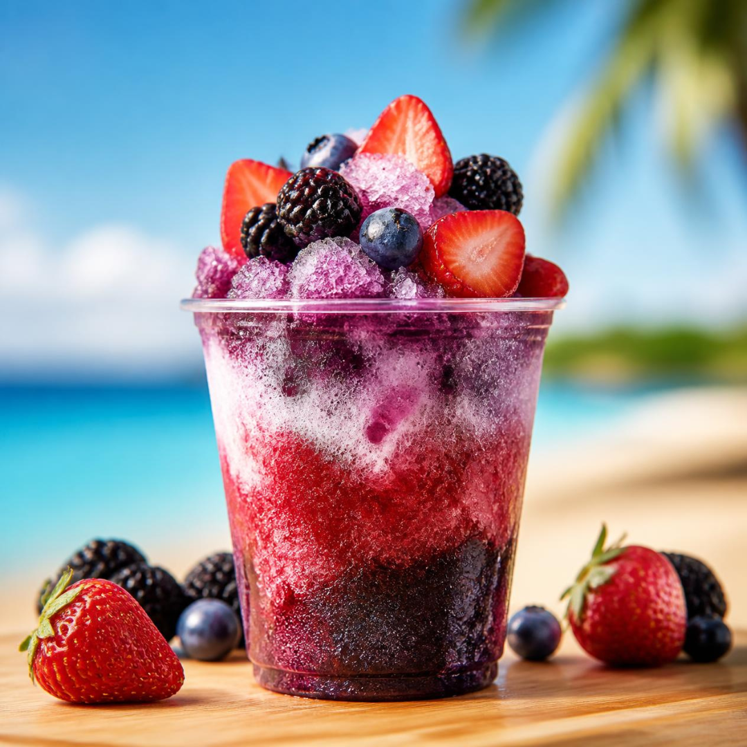 A clear plastic cup filled with purple and pink crushed ice topped with fresh strawberries, blackberries, and blueberries, with some berries and strawberries placed around the cup on a wooden surface, against a beach and palm tree background.
