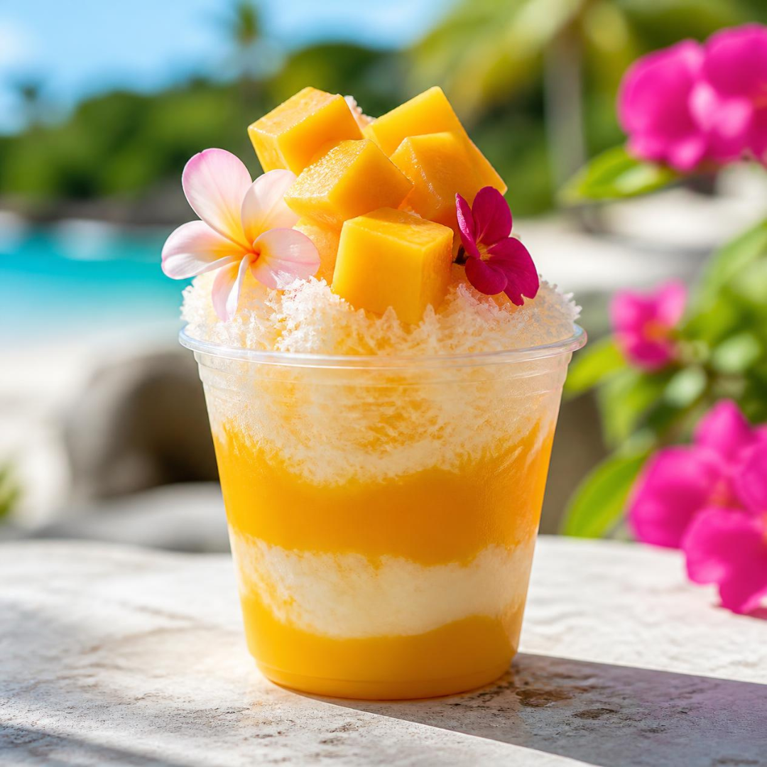 Mango-flavored shaved ice topped with fresh mango cubes and pink flowers, set outdoors with a blurred background of flowers and water.