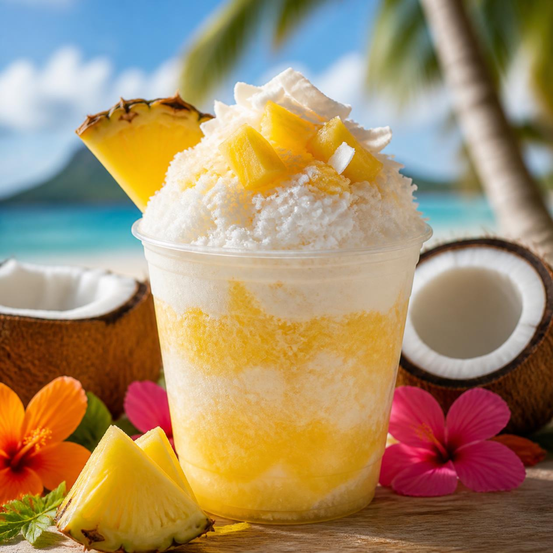 Pineapple coconut shaved ice dessert topped with whipped cream, pineapple chunks, and a slice of pineapple, with halved coconuts and tropical flowers in the background.