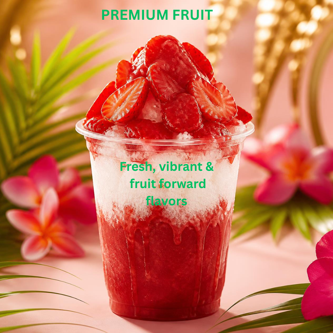 A cup of strawberry-flavored frozen dessert topped with fresh strawberries, with tropical flowers and green leaves in the background.