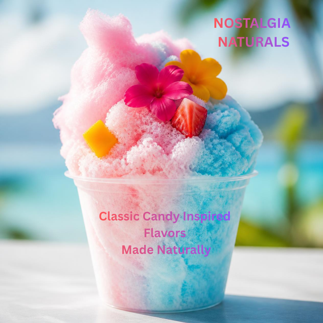 Pink and blue cotton candy topped with pink and yellow flowers and pieces of fruit in a clear plastic cup, with a blurred outdoor background.
