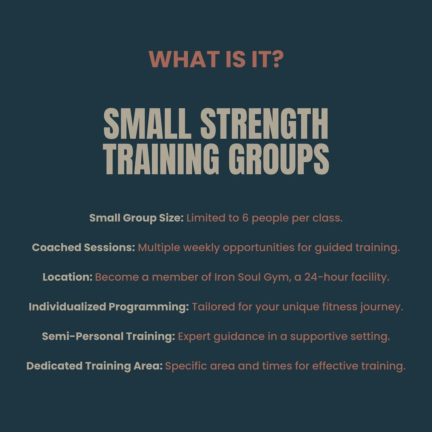 The Barbell Club essentials:
✨ Small Group Size: Limited to 6 people per class.
✨ Coached Sessions: Multiple weekly opportunities for guided training.
✨ Location: Become a member of Iron Soul Gym, a 24-hour facility.
✨ Individualized Programming: Tai
