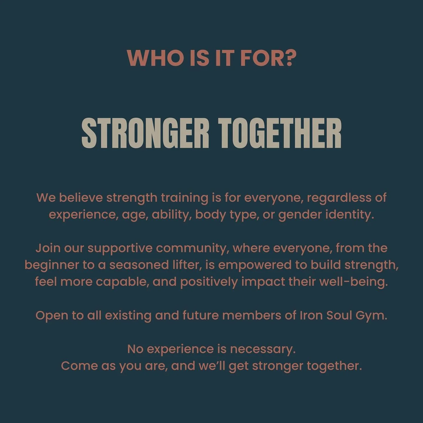 We believe strength training is for everyone, regardless of experience, age, ability, body type, or gender identity.

Join our supportive community, where everyone, from the beginner to a seasoned lifter, is empowered to build strength, feel more cap