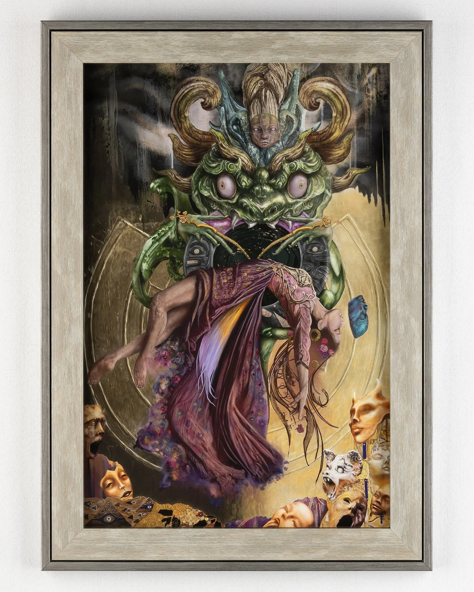 Custom framed digital painting of "Emerald Dragon" dark fantasy artwork open series fine art print by digital artist FAYBEL (Elaine Nesbitt)