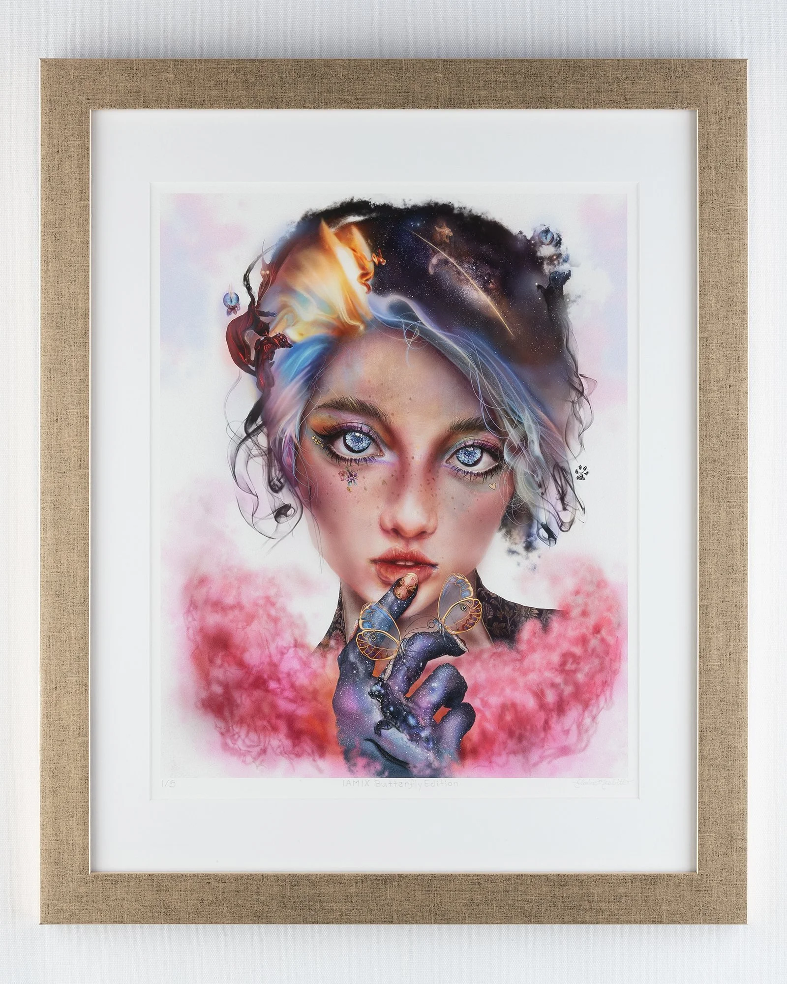 Custom framed digital painting of "IAMIX" elemental feline artwork limited edition (1 of 5) fine art print by digital artist FAYBEL (Elaine Nesbitt)