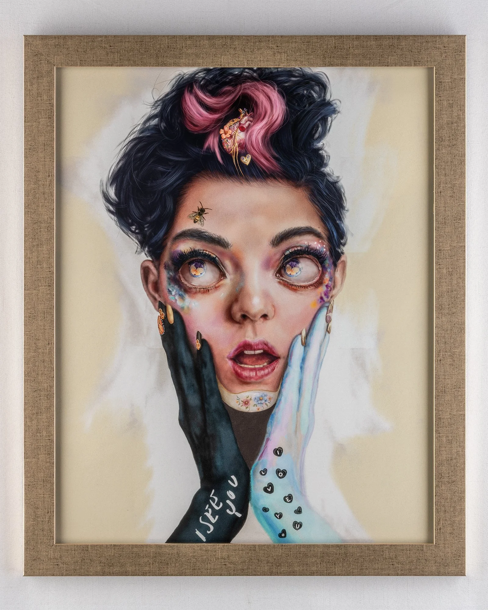 Custom framed digital painting of "The Sting of Love" surreal portrait art open series fine art print by digital artist FAYBEL (Elaine Nesbitt)