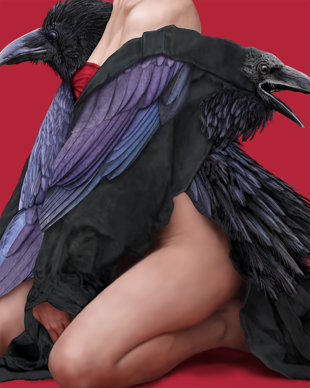 Close-up of raven-inspired clothing and female figure from contemporary digital painter FAYBEL's (Elaine Nesbitt) Norse mythology inspired dark fantasy illustration "The Lost Lenore"
