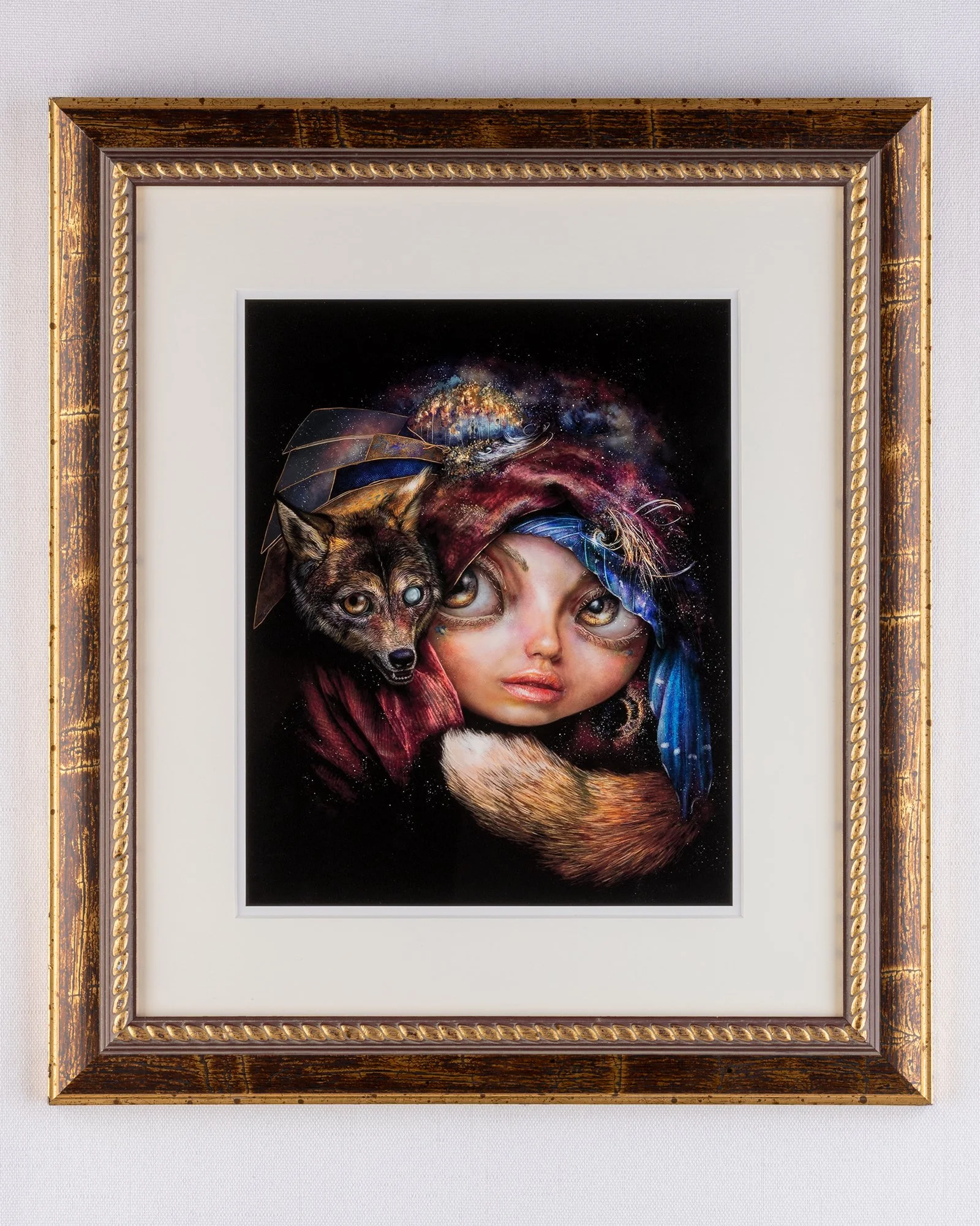 Custom framed digital painting of "Little Wolf" big-eyes pop surrealism art open series fine art print by digital artist FAYBEL (Elaine Nesbitt)