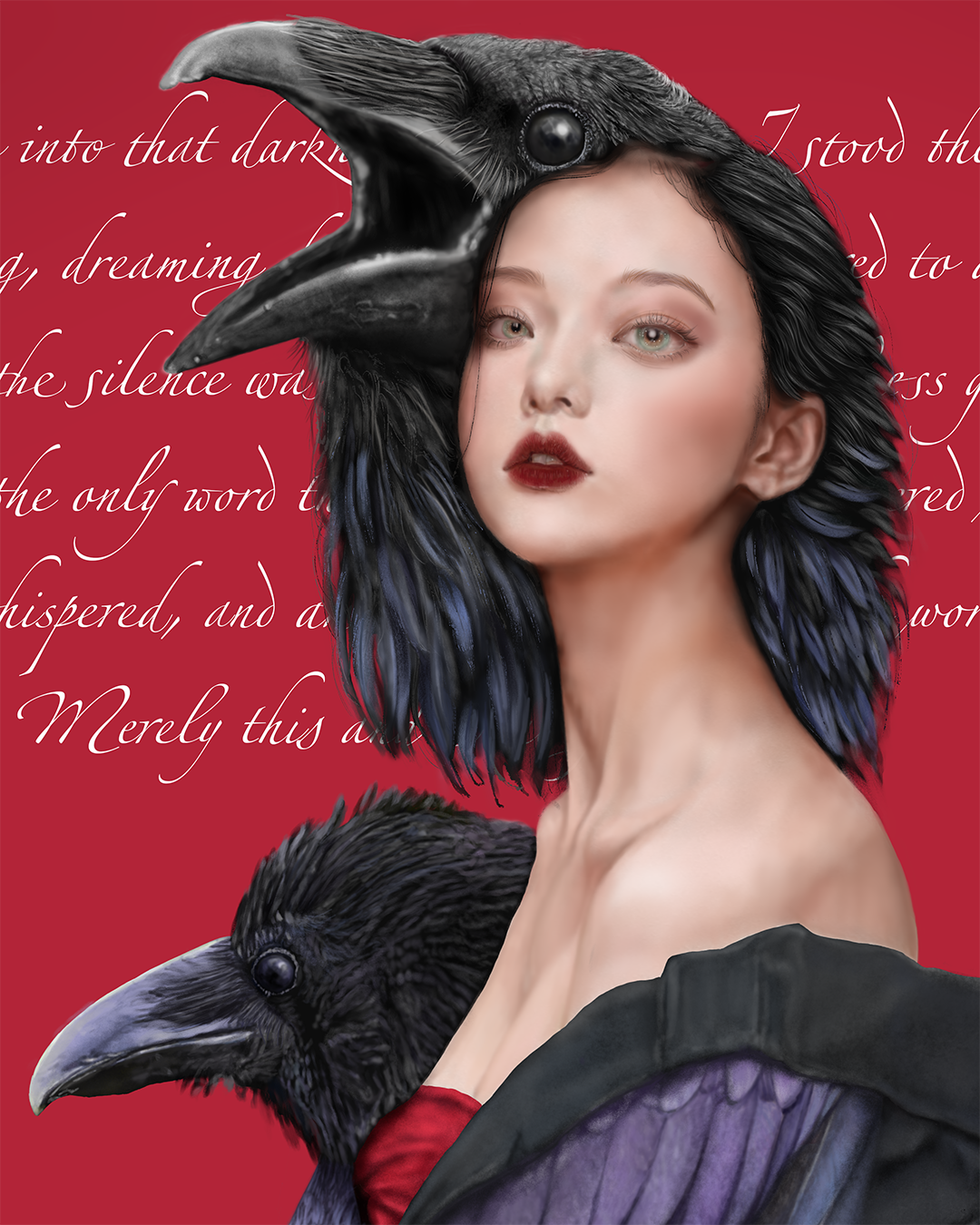 Close-up of female face and two raven heads from digital artist FAYBEL's (Ellie Nesbitt) gothic narrative digital painting "The Lost Lenore", with background text from "The Raven" by Edgar Allan Poe