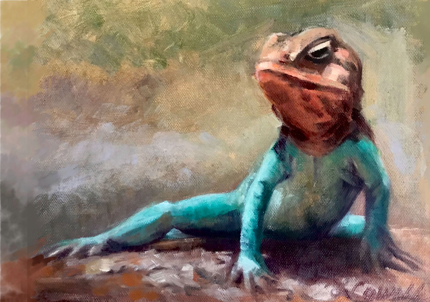 Original SOLD. A modern impressionist oil painting in Local Heritage Collection of a colorful cerulean and orange Mountain Boomer lizard sitting on a rock with a hazy foliage in the background, available as prints.