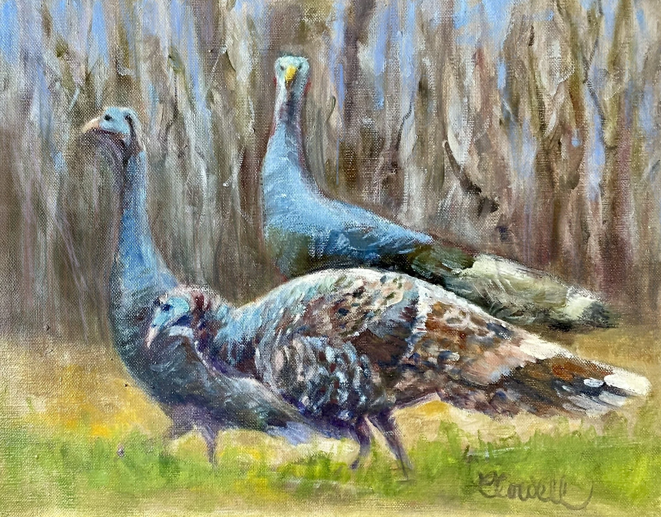 A modern impressionist oil painting in Local Heritage Collection of two wild turkeys standing on a grassy area among tall, brown reeds or grasses, with a colorful abstract background, available as prints.