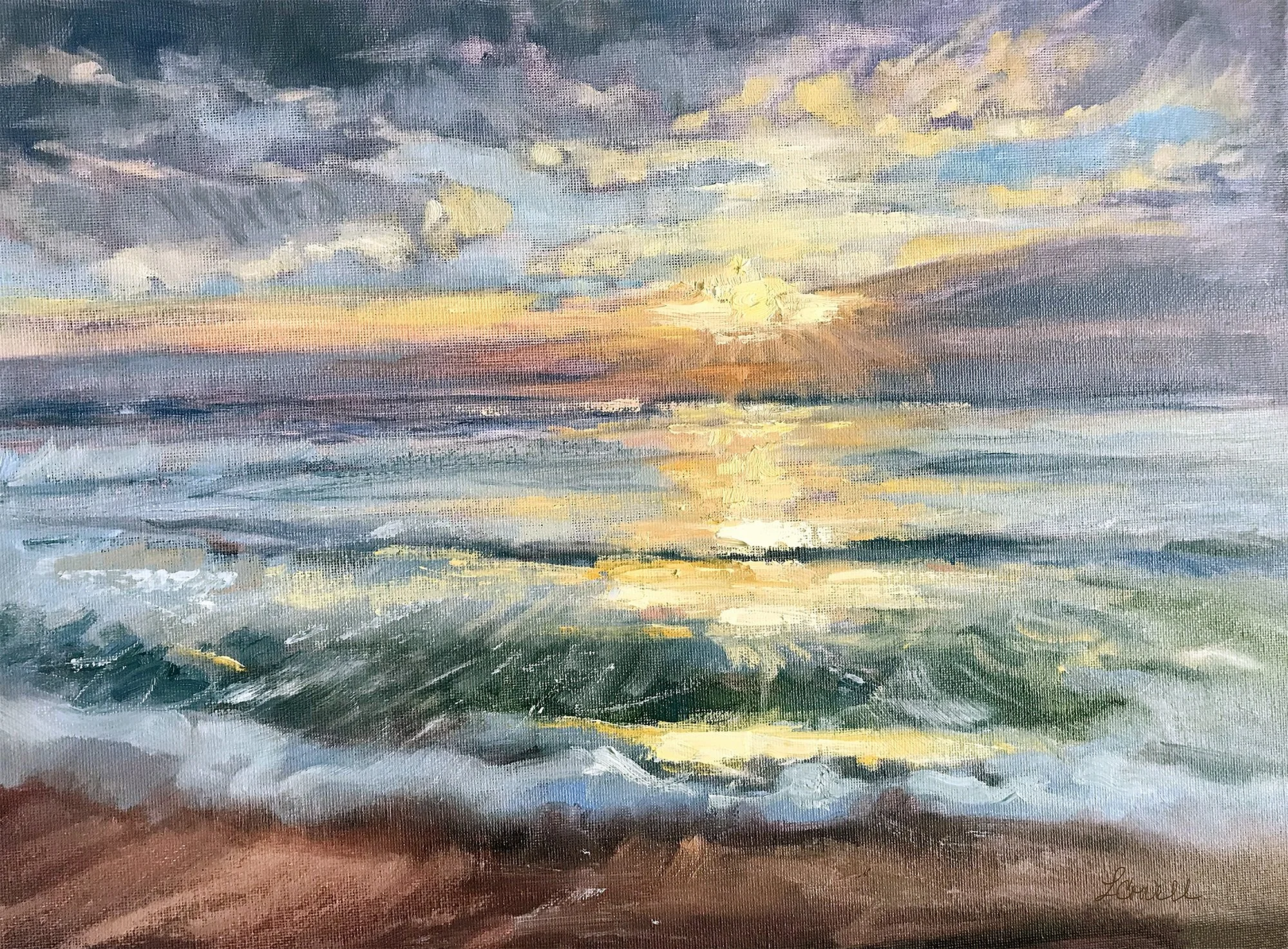 Original SOLD. A  modern impressionist oil painting in Coastal Collection of a sunset over the ocean with a colorful sky and reflected light on the water, available as prints.