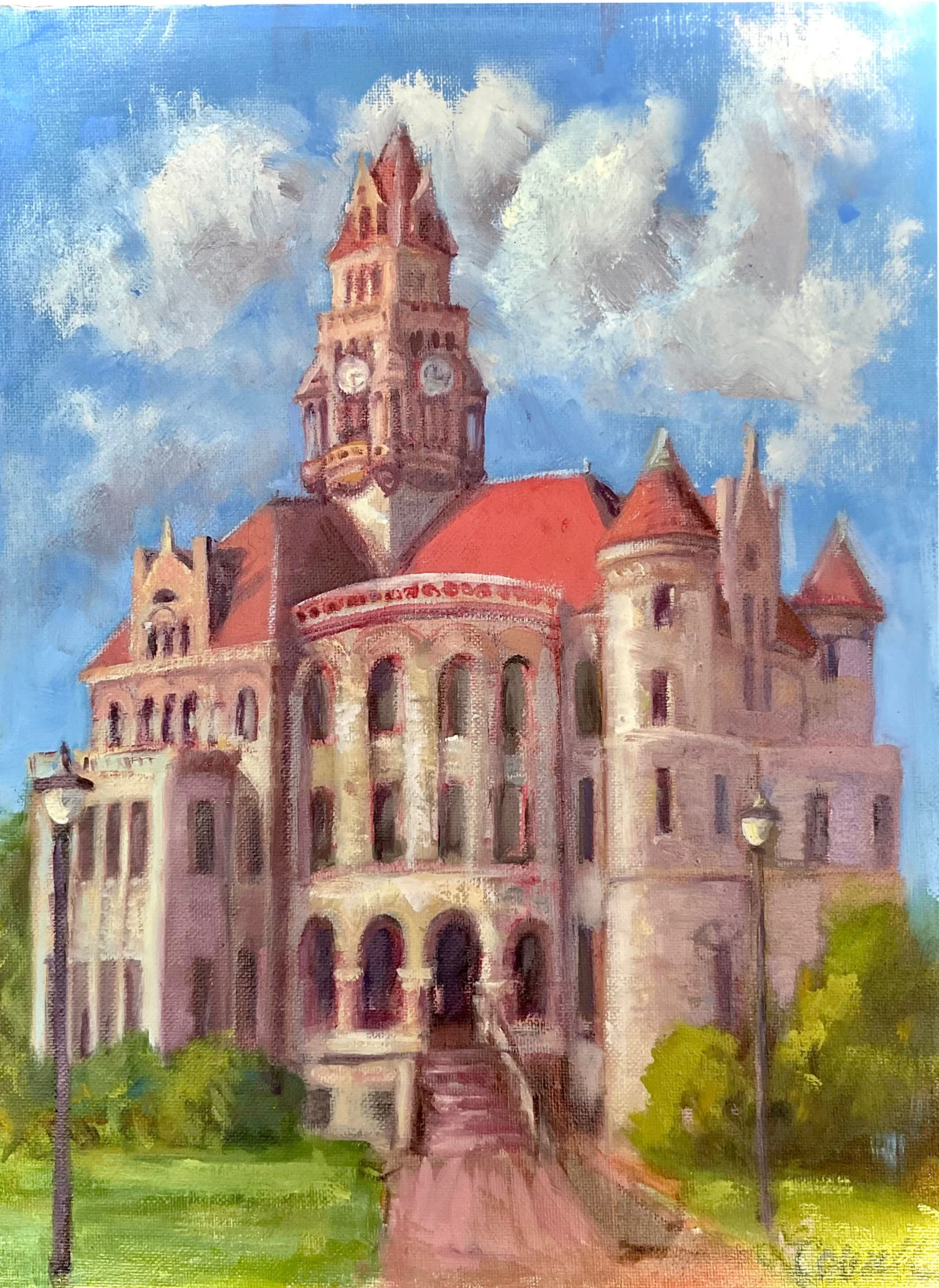 Original SOLD. A modern impressionist oil painting in Local Heritage Collection of our local Courthouse building with a clock tower, red roof, surrounded by trees and a pathway leading up to it, under a partly cloudy blue sky, available as prints.