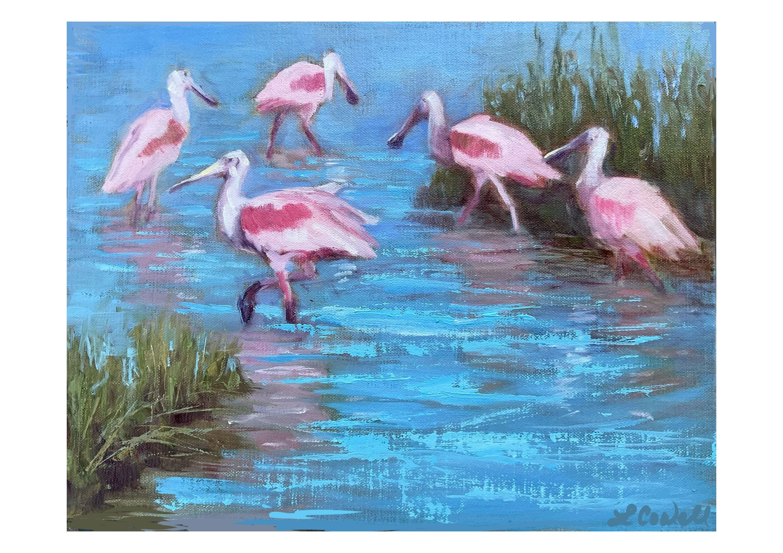 A modern impressionist oil painting in Coastal Collection of six Roseate Spoonbills standing and wading in a blue pond with green grass and reeds at the edge, available as prints.