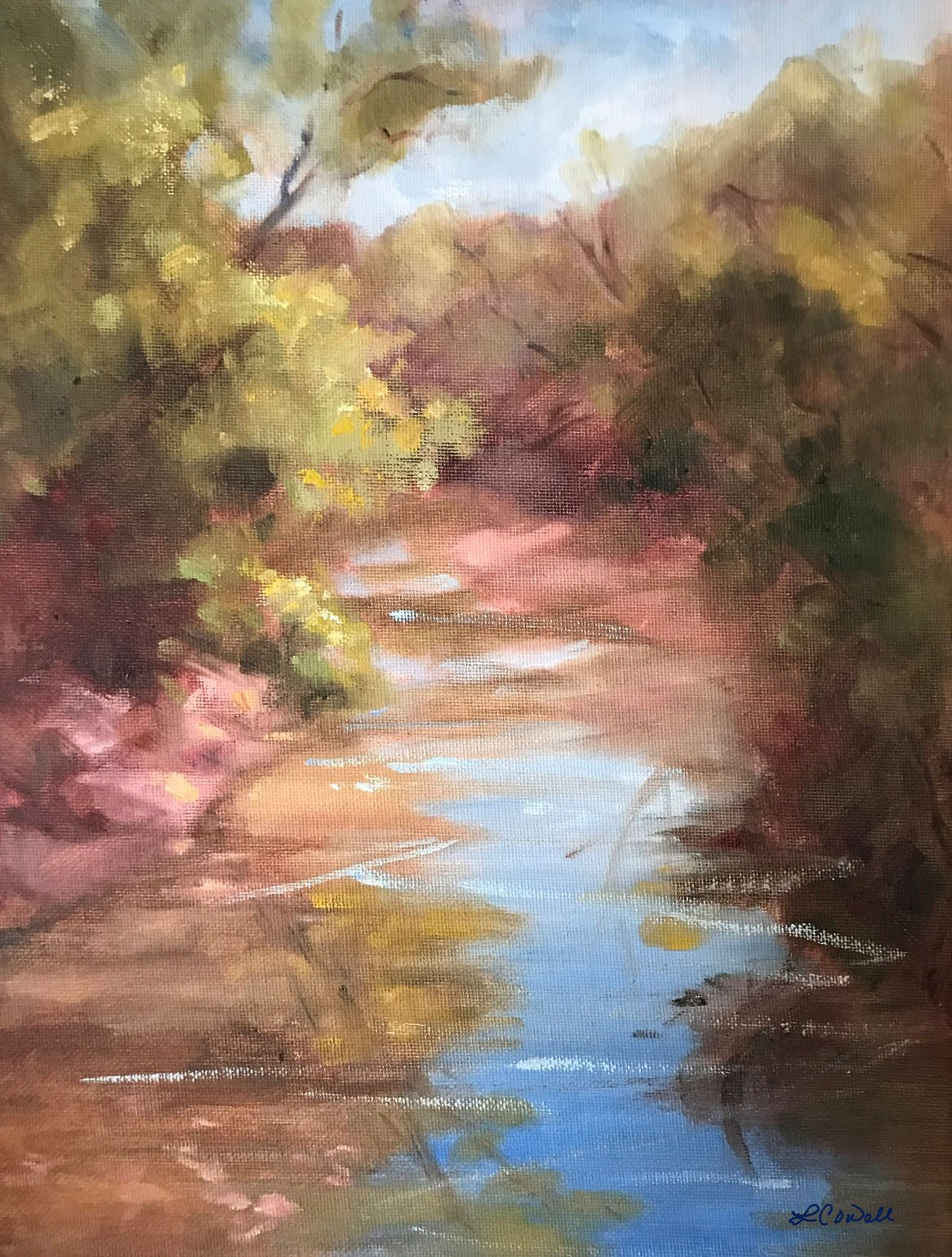 A modern impressionist oil painting in Local Heritage Collection of a peacefu West Fork Trinity River surrounded by trees in warm autumn colors, with reflections in the water, available as prints.