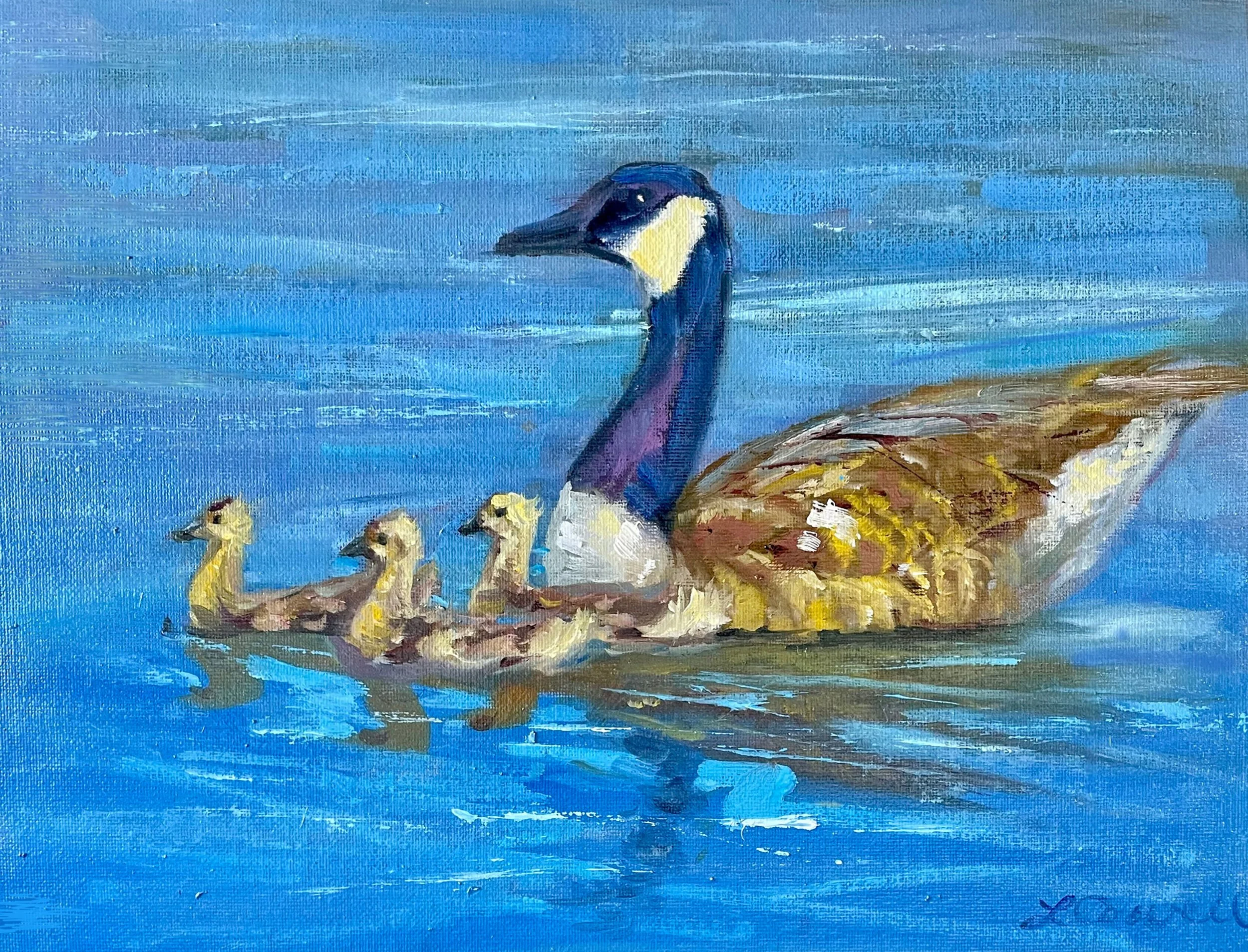 A modern impressionist oil painting in Local Heritage Collection of a goose and her goslings swimming in a blue lake, with the mother goose close behind her goslings all in brown, deep blue black colors, available as prints.