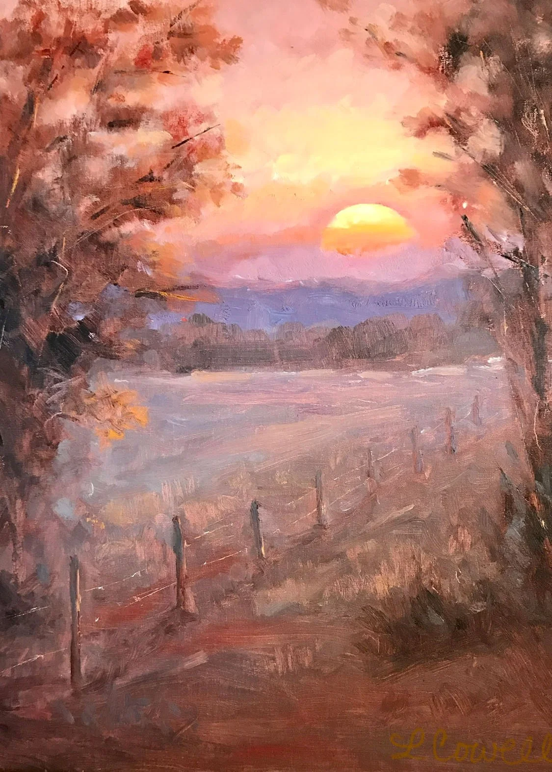 A modern impressionist landscape oil painting in Local Heritage Collection of a sunset over a field, with trees on either side and a fence along the foreground, using warm colors like pink, orange, and purple, available as prints.