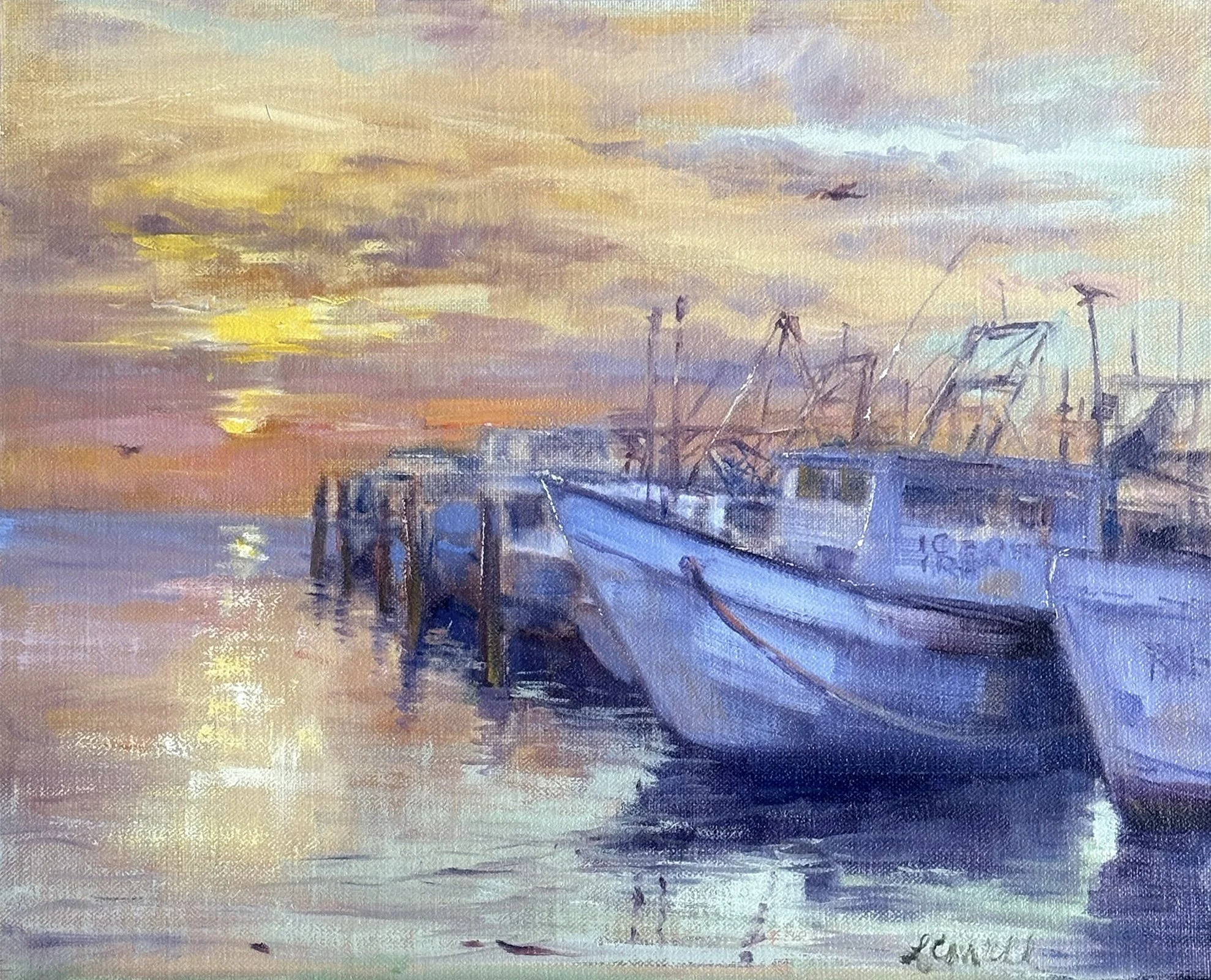 A modern impressionist oil painting in Coastal Collection of a dock extending into a calm body of water at sunset, with pastel-colored sky and distant clouds, available as prints.