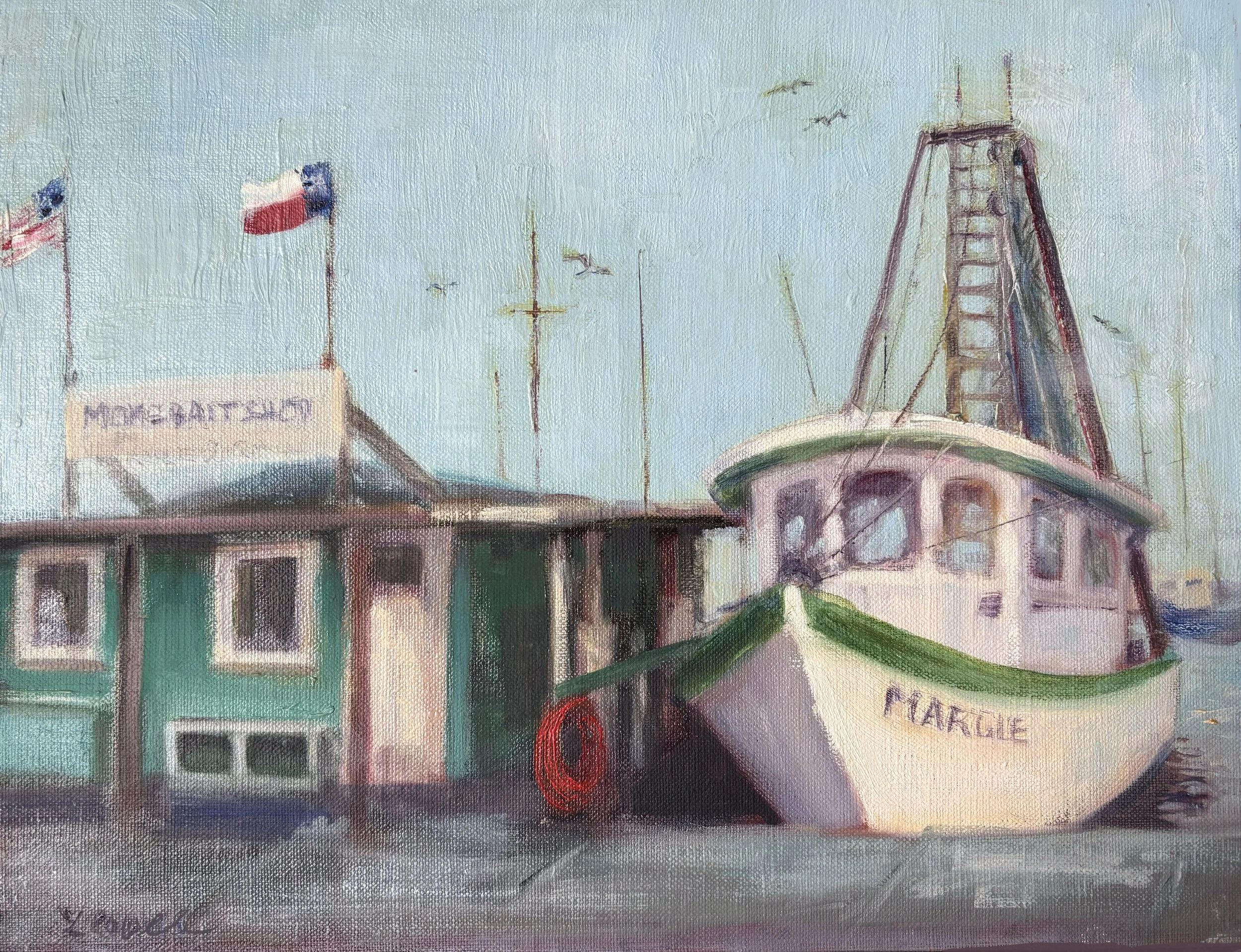 A modern impressionist oil painting in Coastal Collection of bait shop on a wharf and a shrimp boat moored beside it, with pale blue sky, blue green and off white shop and boat, sea gulls in distance, available as prints.