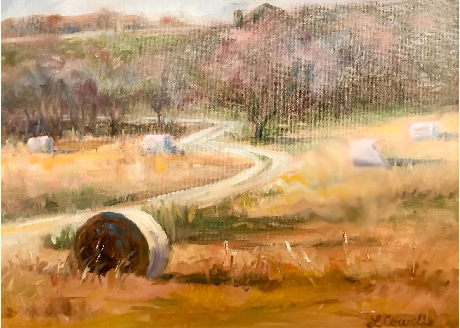 A modern impressionist oil painting in Local Heritage Collection of a rural farm landscape featuring a winding dirt road, hay bales, and trees with pink and purple foliage under a cloudy sky, available as prints.