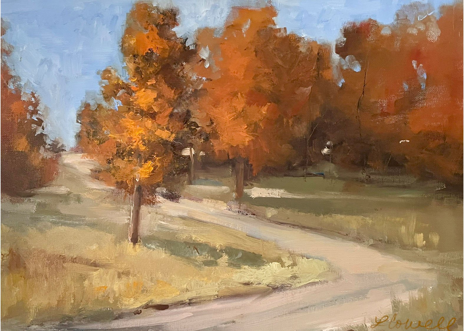 Original SOLD. A modern impressionist oil painting of a landscape in Local Heritage Collection with large burnt orange trees in autumn, a winding dirt road, and a grassy area, available as prints