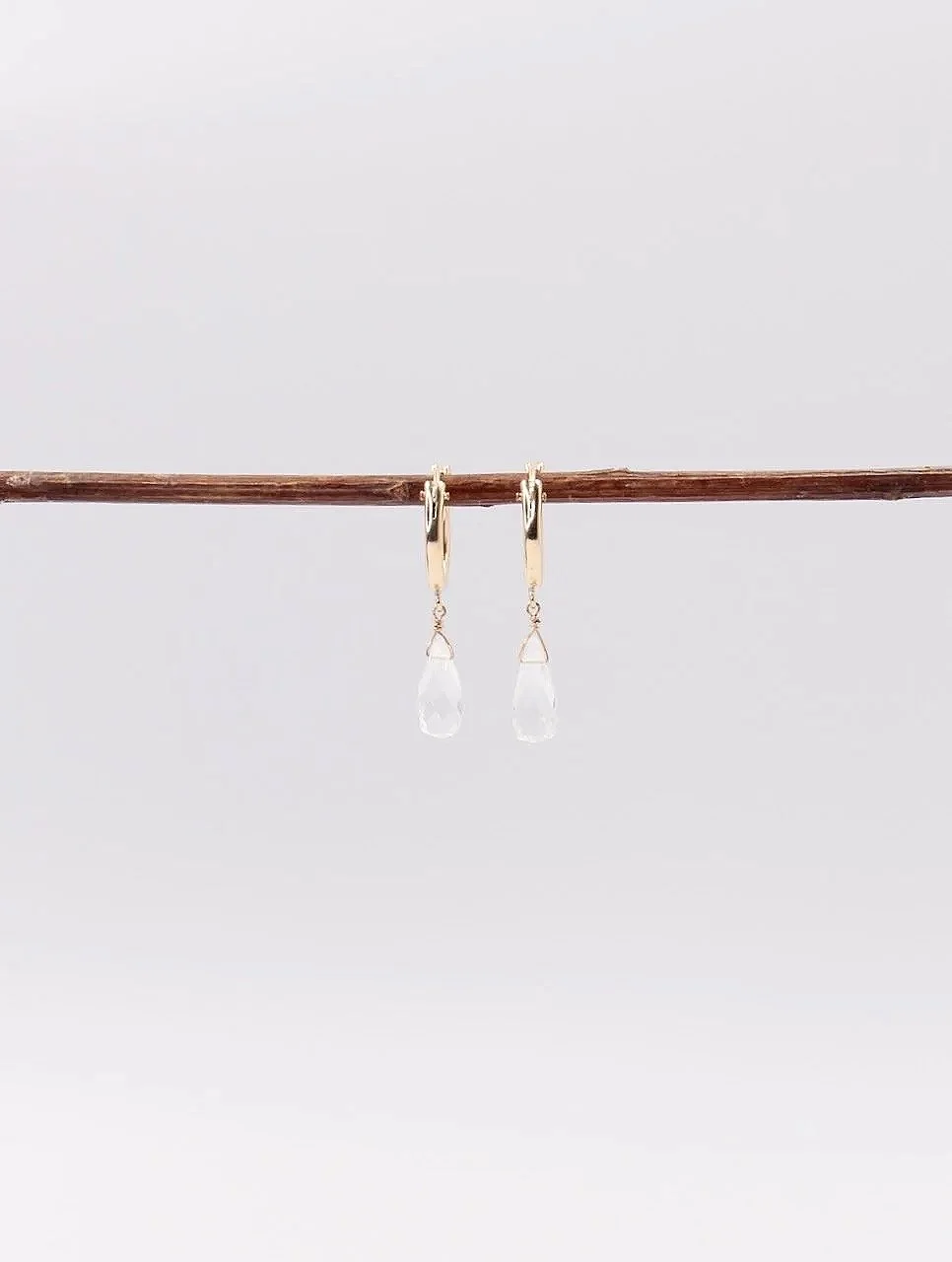 Crystal quartz briolette earrings on gold-filled hoops, clear faceted gemstone jewelry